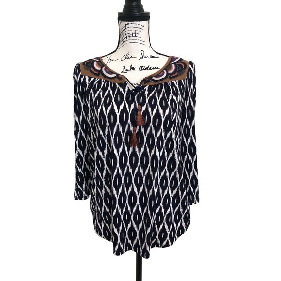 A Common Thread Tops - A Common Thread Anthropologie Women's Top Blue Ikat Embroidered Boho Size XS